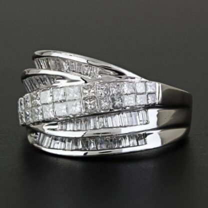 14k White Gold Princess and Baguette Diamond Cocktail Ring Band