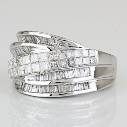 14k White Gold Princess and Baguette Diamond Cocktail Ring Band - Image 3