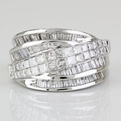 14k White Gold Princess and Baguette Diamond Cocktail Ring Band - Image 2