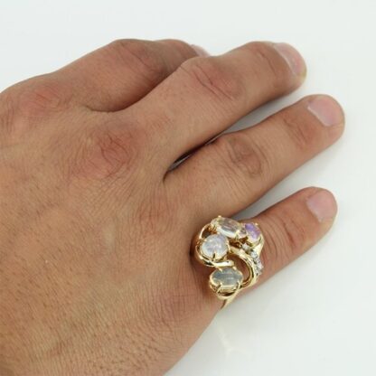 Vintage 14K Yellow Gold Moon Stone and Diamond Anniversary Cocktail Ring - Image 5