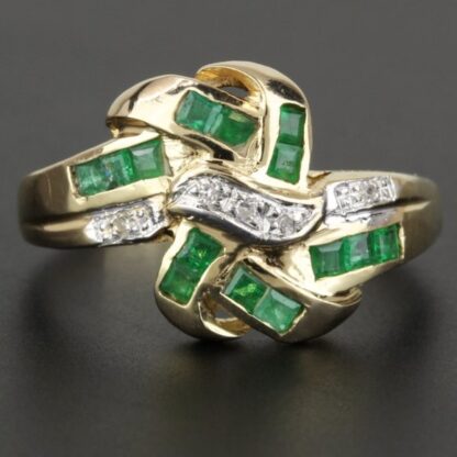 Vintage 14k Yellow Gold Ribbon Emerald and Diamond Anniversary / Cocktail Ring