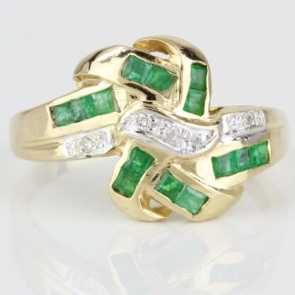 Vintage 14k Yellow Gold Ribbon Emerald and Diamond Anniversary / Cocktail Ring