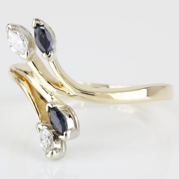 Vintage 14k Yellow Gold Marquise Diamond & Sapphire Cocktail Ring