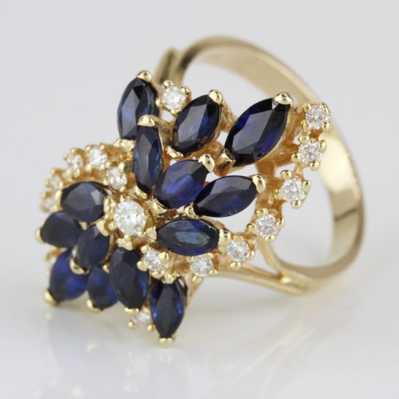 Vintage 14K Yellow Gold Blue Sapphire & Diamond Anniversary Cocktail Ring
