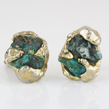 Vintage Gold Tone Nugget Style Blue Enamel Gemstone Cufflinks Set