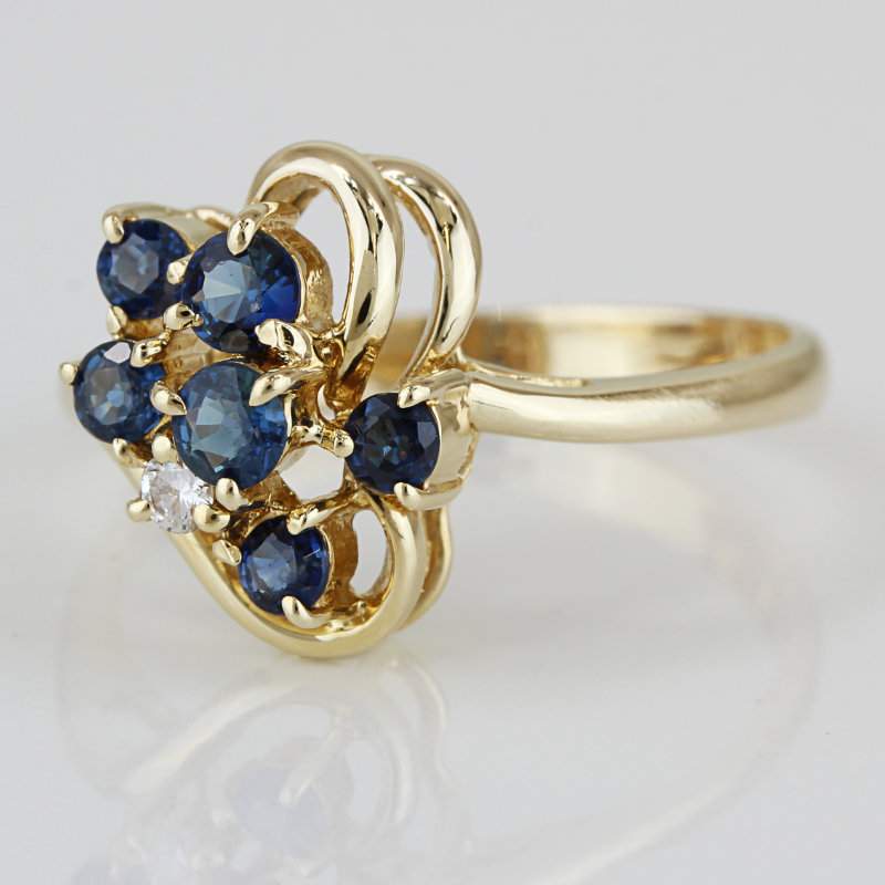 14k Yellow Gold Blue Gemstone & CZ Cubic Zirconia Stone Cocktail Ring