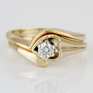14k Yellow Gold Solitaire Diamond Heart Bridal Wedding Band Engagement Ring Set
