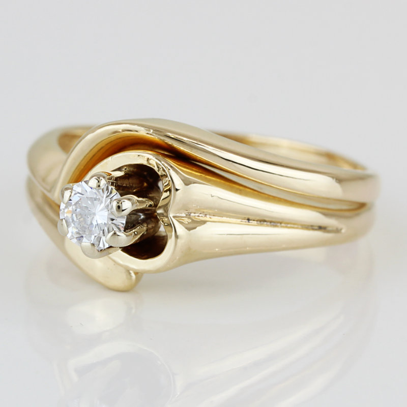 14k Yellow Gold Solitaire Diamond Heart Bridal Wedding Band Engagement Ring Set
