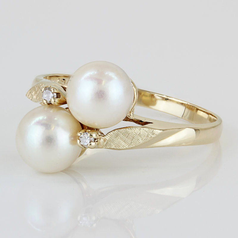 14K Yellow Gold Double Pearl & Diamond Cocktail Ring