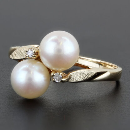 14K Yellow Gold Double Pearl & Diamond Cocktail Ring