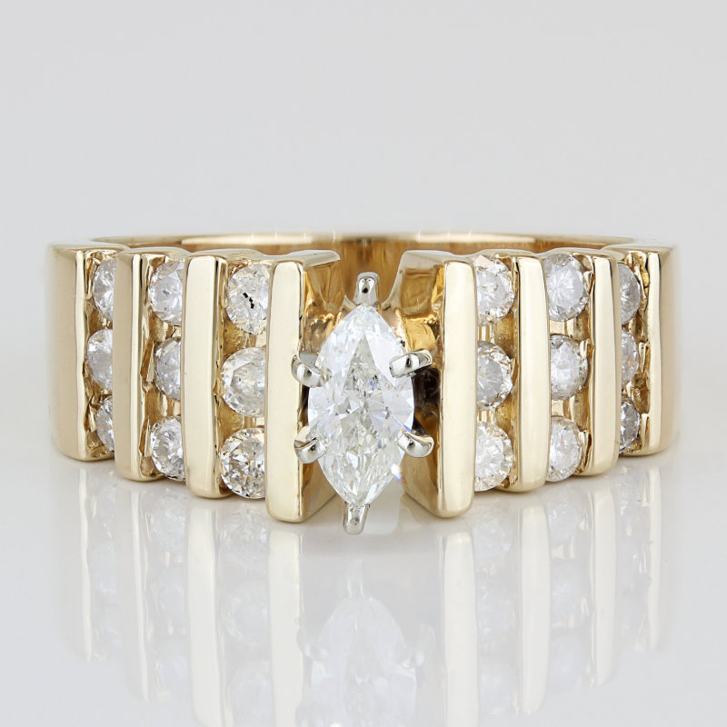 14k Yellow Gold 1-Carat Marquise + Round-cut Diamond Engagement / Wedding Ring