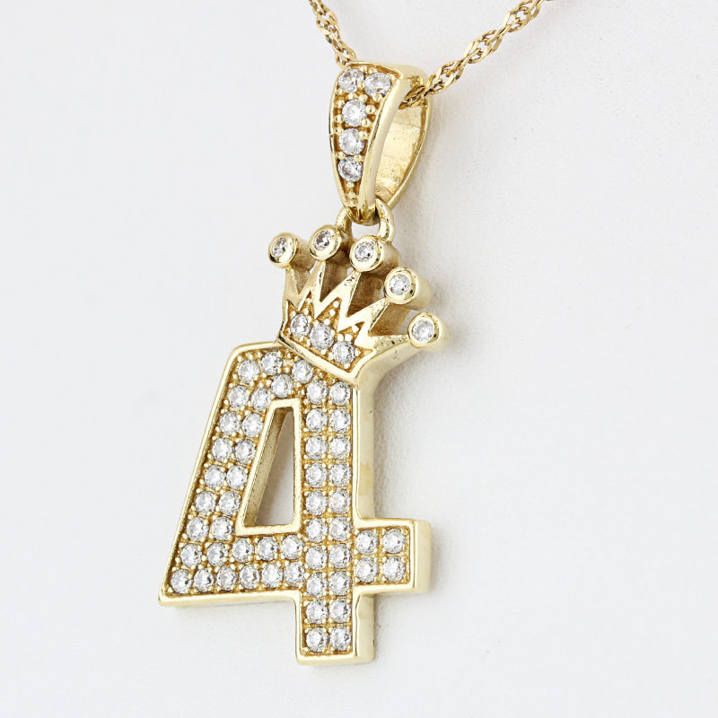 10k Yellow Gold Cubic Zirconia Number 4 Crown Pendant Charm