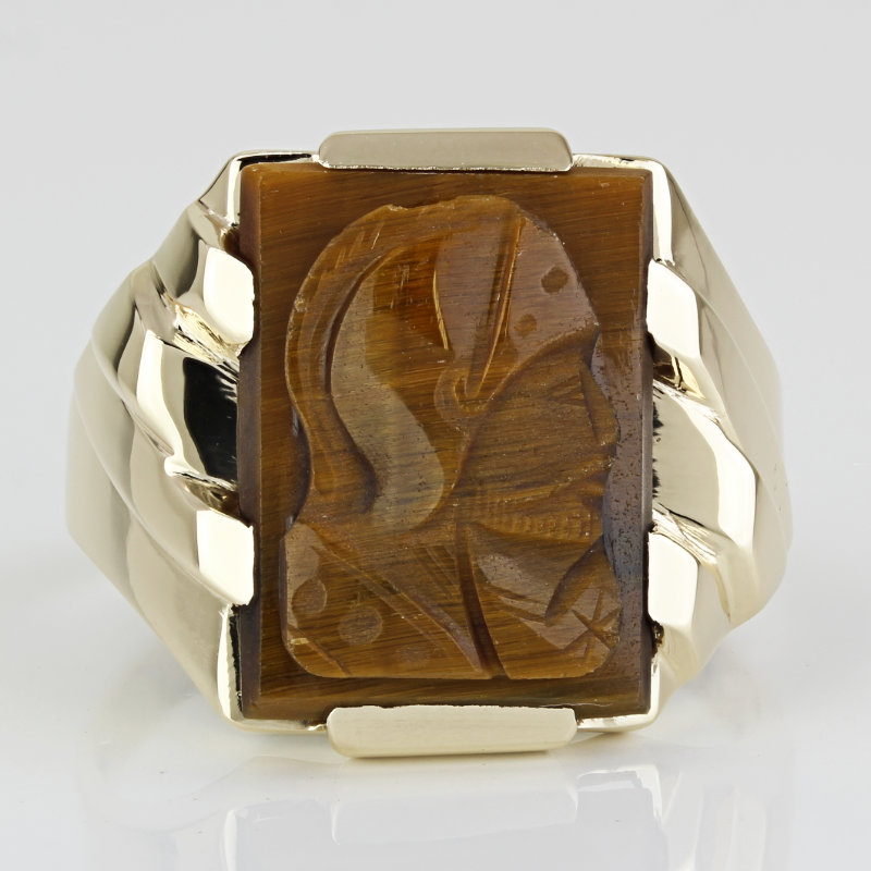 Men's Edwardian 10k Yellow Gold Tiger's Eye Intaglio Warrior Ring