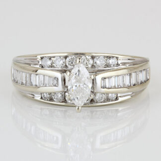 14k White Gold Marquise, Baguette & Round Diamond Anniversary Engagement Ring