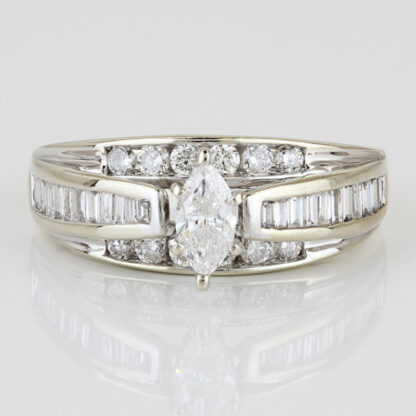 14k White Gold Marquise, Baguette & Round Diamond Anniversary Engagement Ring