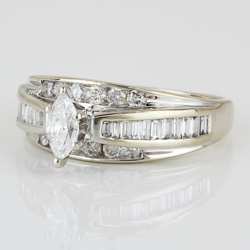 14k White Gold Marquise, Baguette & Round Diamond Anniversary Engagement Ring