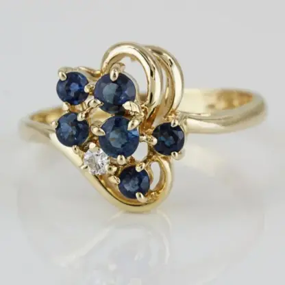 14k Yellow Gold Blue Gemstone & CZ Cubic Zirconia Stone Cocktail Ring