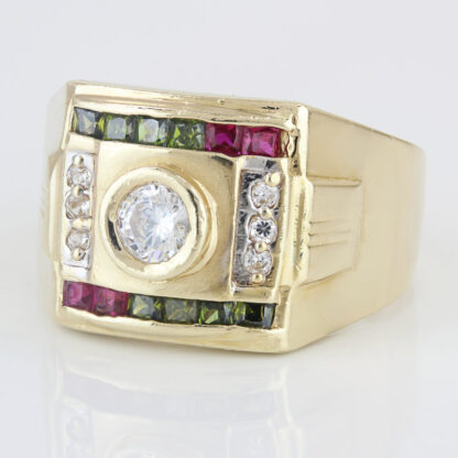 14Karat Yellow Gold Cubic Zirconia CZ, Red& Green Stone Ring - Image 2