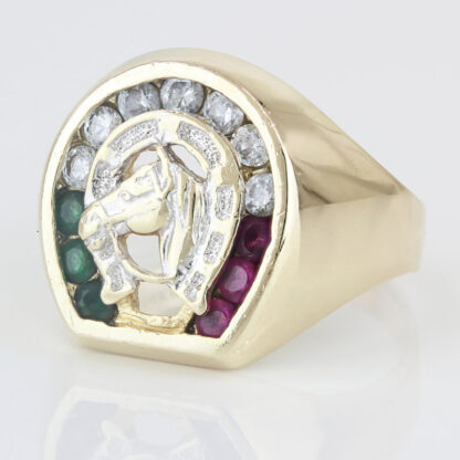 14K Yellow Gold Emerald, Ruby, & Cubic Zirconia CZ Horseshoe Ring - Image 2