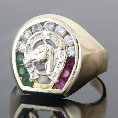 14K Yellow Gold Emerald, Ruby, & Cubic Zirconia CZ Horseshoe Ring - Image 5