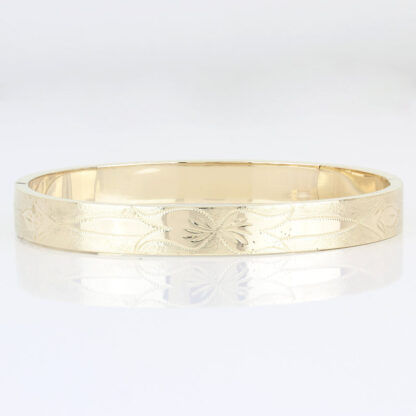 14KYG Floral Bow Etched Hinged Bangle Bracelet