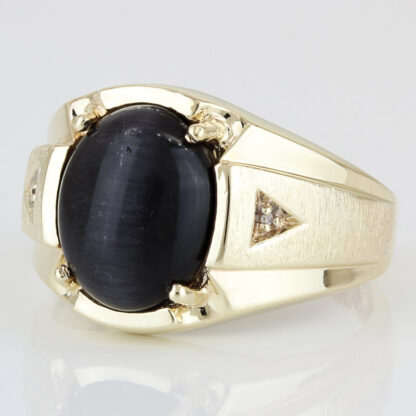 Vintage 10KYG Black Cat's Eye Sapphire + Diamond Statement Ring - Image 2