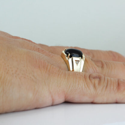 Vintage 10KYG Black Cat's Eye Sapphire + Diamond Statement Ring - Image 5