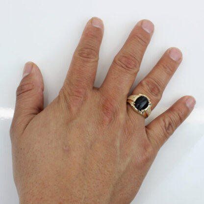 Vintage 10KYG Black Cat's Eye Sapphire + Diamond Statement Ring - Image 6