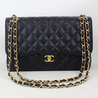 Chanel CLASSIC Lambskin Quilted Jumbo Double Flap Black Leather Crossbody