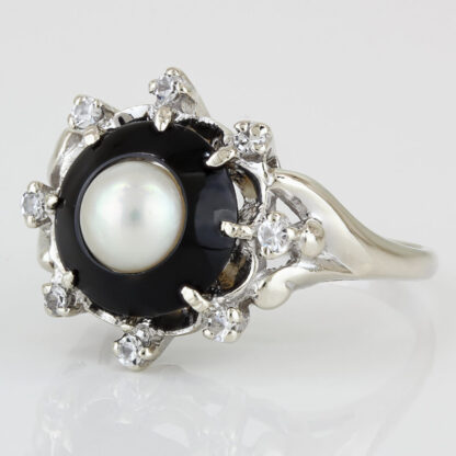 10KWG CZ Cultured Pearl Onyx Anniversary/ Cocktail Ring by Priscilla - Image 2