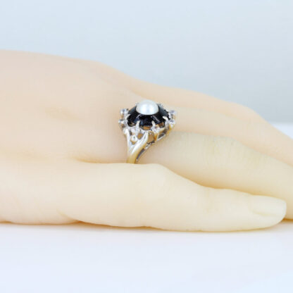 10KWG CZ Cultured Pearl Onyx Anniversary/ Cocktail Ring by Priscilla - Image 6