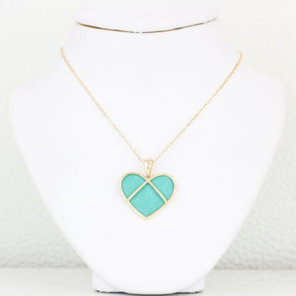 14K Yellow Gold Turquoise Heart Pendant w/ 18" Cable Link Chain Necklace - Image 4