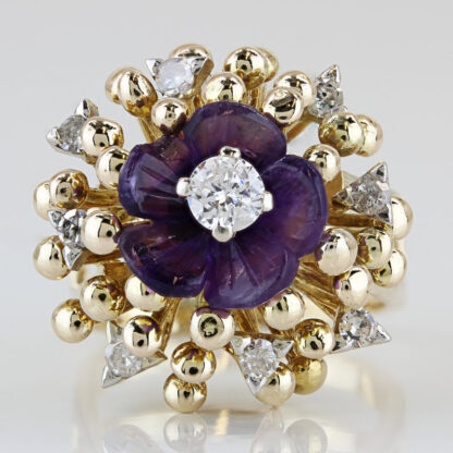 Vintage 14K Gold Diamond + Purple Gem Floral Cocktail Ring Split Shank Design