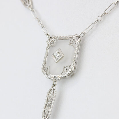 Art Deco 14KWG Rock Crystral & Diamond Necklace Krementz & Co 1931-1938 - Image 6