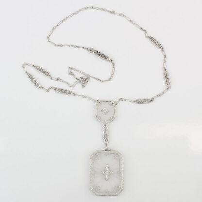 Art Deco 14KWG Rock Crystral & Diamond Necklace Krementz & Co 1931-1938 - Image 9