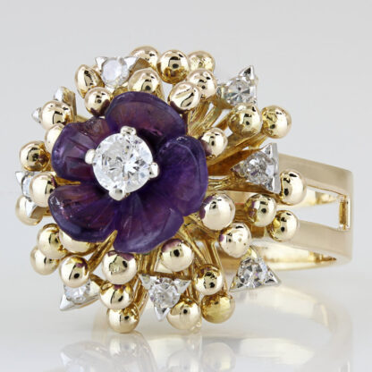 Vintage 14K Gold Diamond + Purple Gem Floral Cocktail Ring Split Shank Design - Image 2