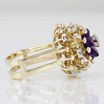 Vintage 14K Gold Diamond + Purple Gem Floral Cocktail Ring Split Shank Design - Image 3