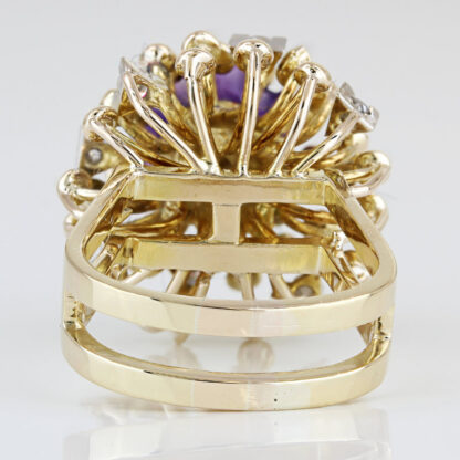 Vintage 14K Gold Diamond + Purple Gem Floral Cocktail Ring Split Shank Design - Image 4