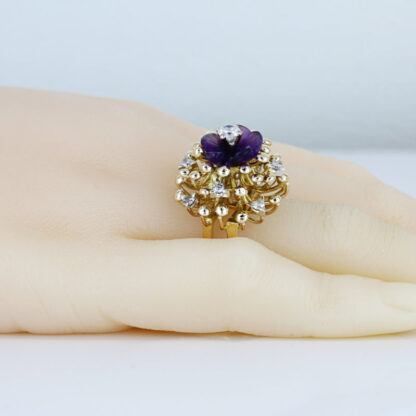 Vintage 14K Gold Diamond + Purple Gem Floral Cocktail Ring Split Shank Design - Image 5