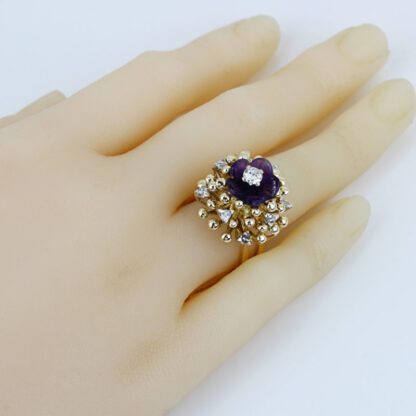 Vintage 14K Gold Diamond + Purple Gem Floral Cocktail Ring Split Shank Design - Image 6