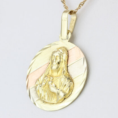 10K Tri-Color Gold Sacred Heart of Jesus Pendant Religious Medallion Charm - Image 2