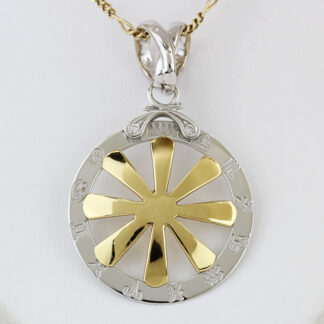 18K Gold Diamond Zodiac Pendant Two-Tone Yellow White Sun Wheel Astrology Charm