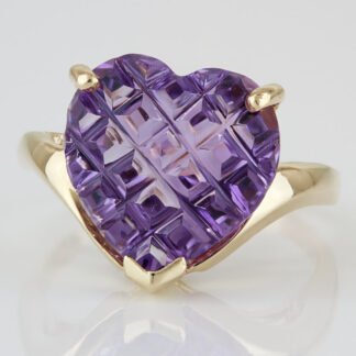 14KYG Heart Shaped Checkerboard Amethyst Ring Birthstone Anniversary