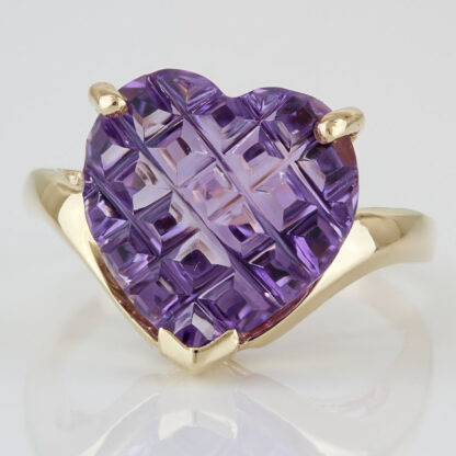 14KYG Heart Shaped Checkerboard Amethyst Ring Birthstone Anniversary