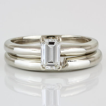 14K White Gold Half Carat Emerald-Cut Diamond 2 Piece Wedding Set Band & Ring