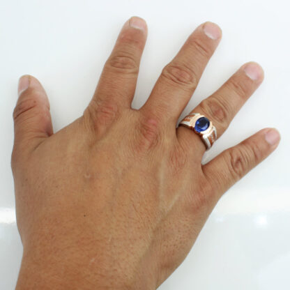 10K Two-Tone Gold Oval Lab Sapphire & Diamond Accent Ring - Image 7