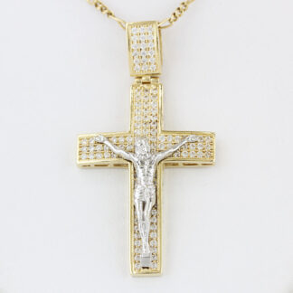 14K Yellow Gold Cubic Zirconia CZ Crucifix Jesus Christ Religious Pendant