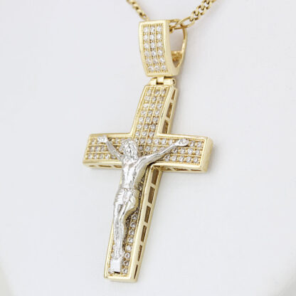 14K Yellow Gold Cubic Zirconia CZ Crucifix Jesus Christ Religious Pendant - Image 2