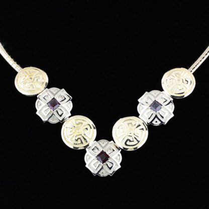 14K Two-Tone Gold Greek/Celtic Rune Disc w/ Garnet Gemstones Omega Link Necklace - Image 2