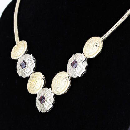 14K Two-Tone Gold Greek/Celtic Rune Disc w/ Garnet Gemstones Omega Link Necklace - Image 3